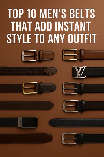 Top 10 men’s belts in Pakistan displayed on a brown background, featuring leather, designer, and braided styles with buckles, including Louis Vuitton and Gucci belts – stylish accessories for men available at ShopPoint