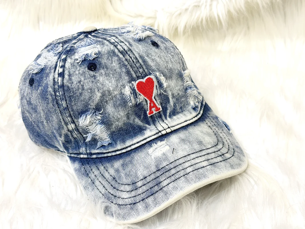 AMI Paris Bleu Used Ami de Coeur Distressed Denim Cap
