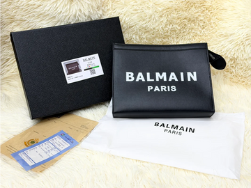 Balmain Black Paris Logo Leather Zip Pouch