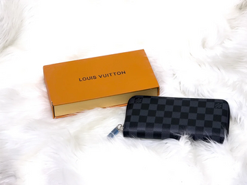 Black Checkerboard Zip Around Long Wallet