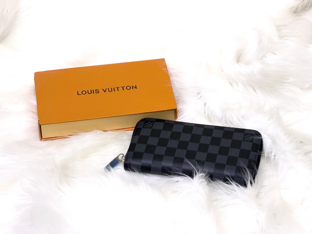 Black Checkerboard Zip Around Long Wallet