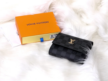 Black Damier Checkered Flap Wallet with Gold Logo