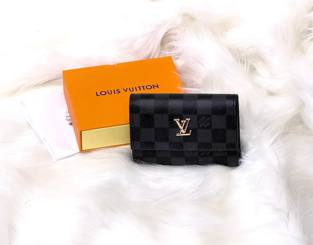 Black Damier Checkered Flap Wallet with Gold Logo