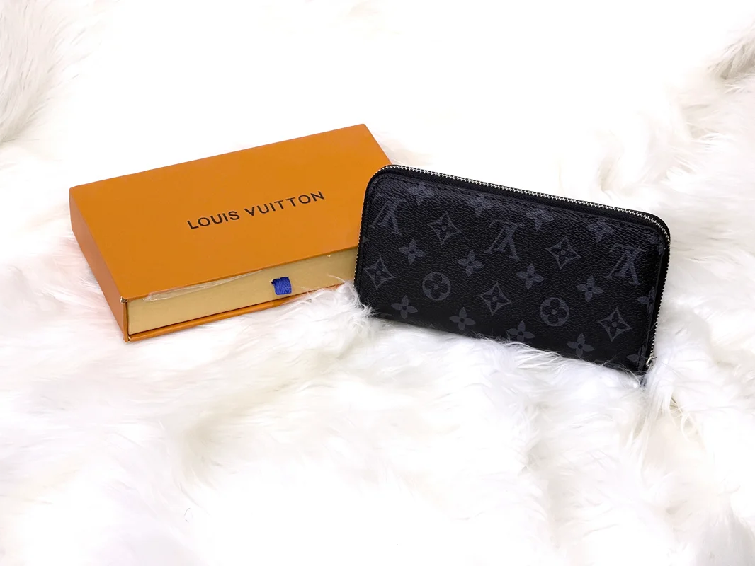 Black Monogram Zip Around Long Wallet with Multiple Compartments