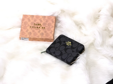 Black Signature Pattern Zip Wallet with Gold-Tone Logo