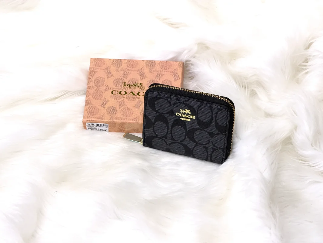Black Signature Pattern Zip Wallet with Gold-Tone Logo