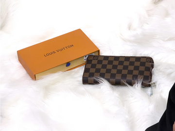Brown Checkered Zip Around Long Wallet with Multiple Compartments