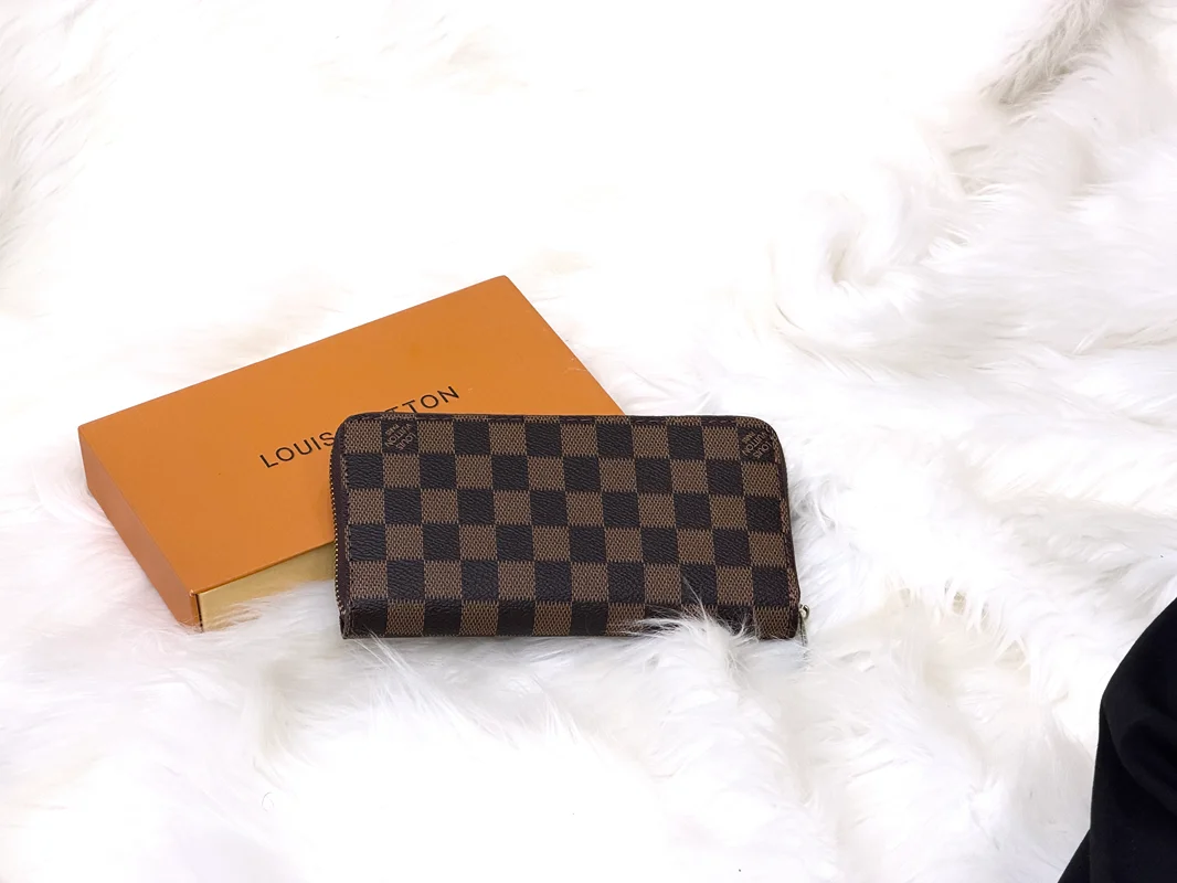 Brown Checkered Zip Around Long Wallet with Multiple Compartments