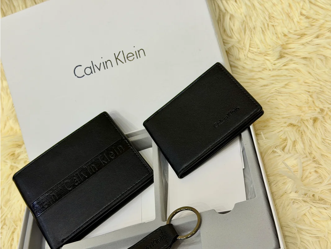 Calvin Klein Black Embossed Logo Wallet Gift Set with Card Holder & Keychain