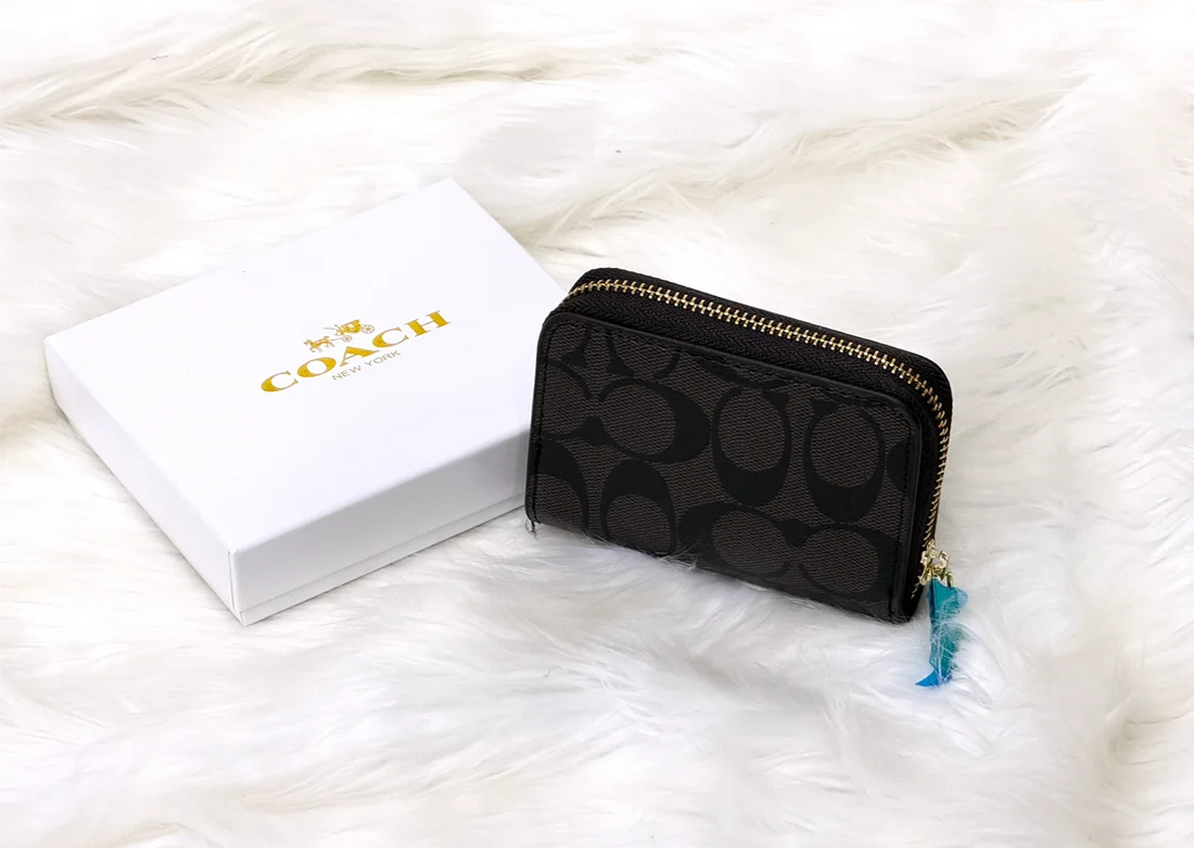 Coach Signature Black Accordion Zip Card Holder