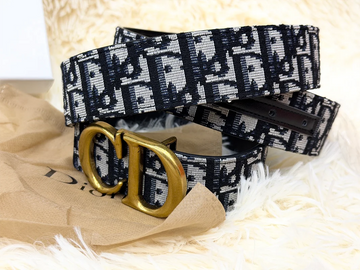 Dior CD Logo Blue Jacquard Belt with Gold Buckle