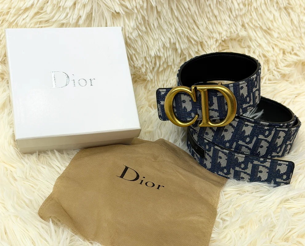 Dior CD Logo Blue Jacquard Belt with Gold Buckle