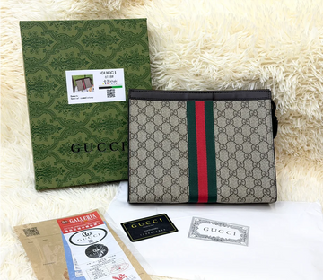 Gucci Beige GG Monogram Classic Zip Pouch
