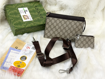 Gucci Beige GG Monogram Crossbody Pouch with Adjustable Strap