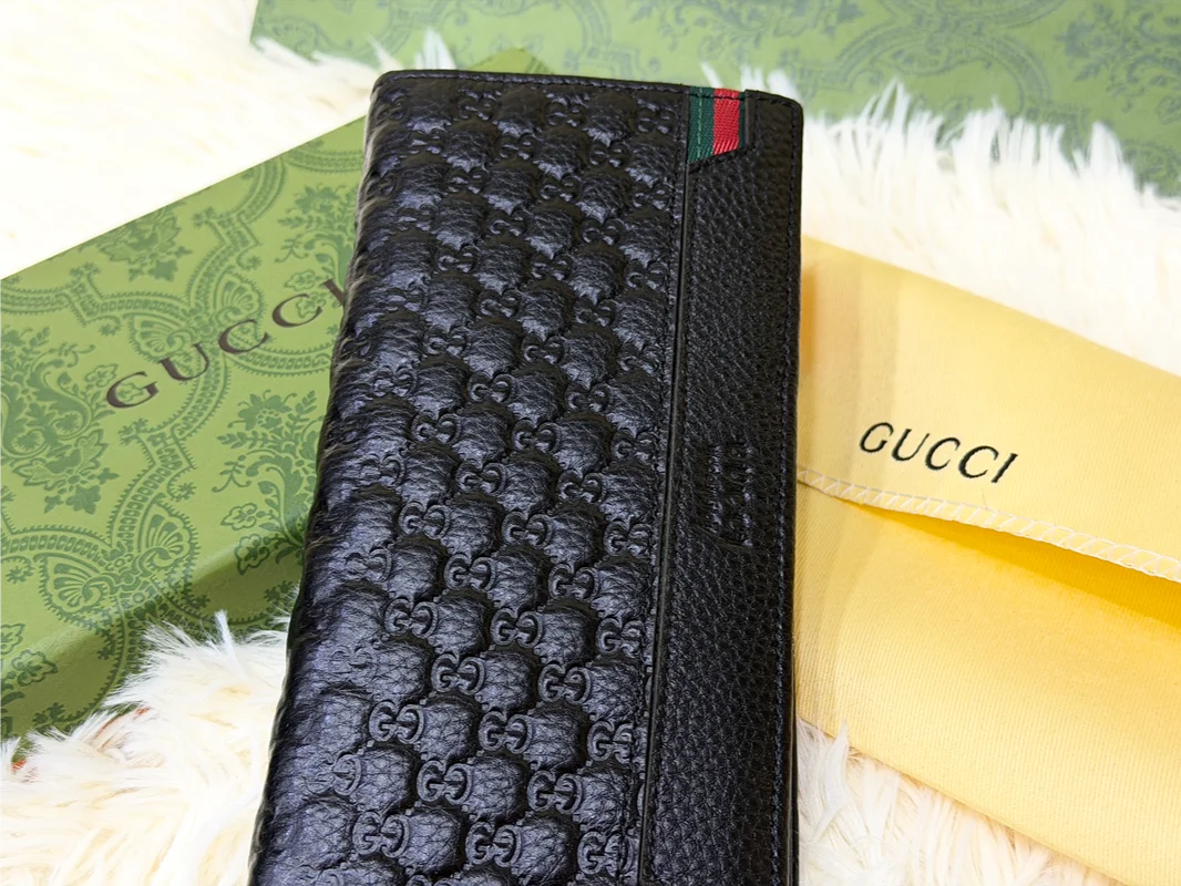 Gucci Black Embossed GG Long Wallet with Green Red Web Accents