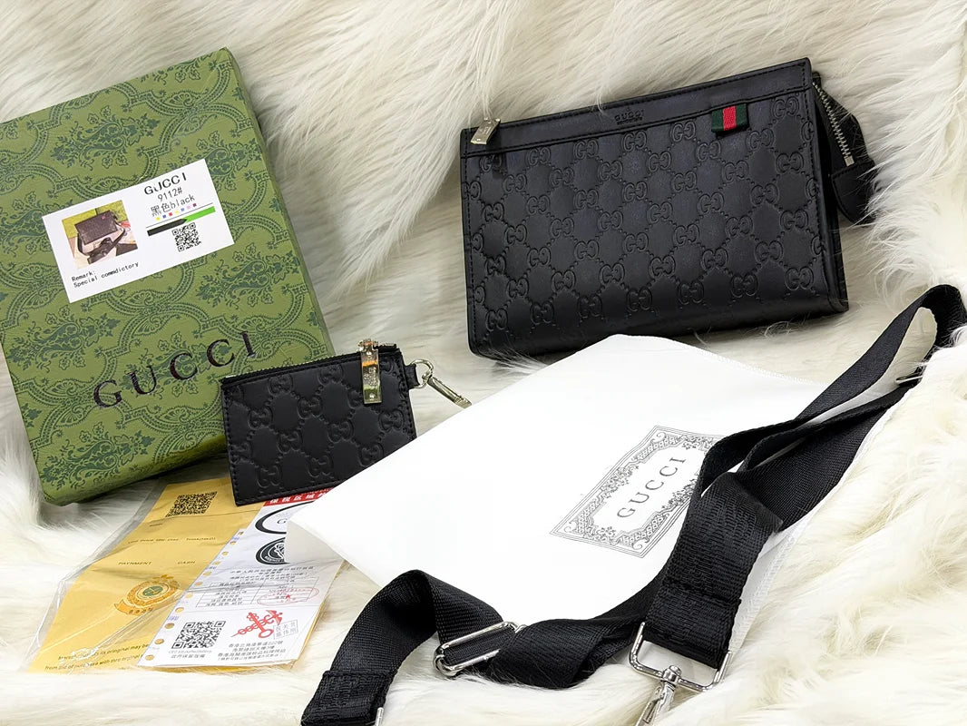 Gucci Black Embossed Monogram Crossbody Wallet Bag