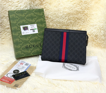 Gucci Black GG Monogram Blue Red Stripe Zip Pouch