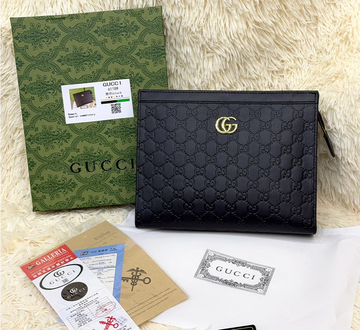 Gucci Black GG Monogram Double G Zip Pouch