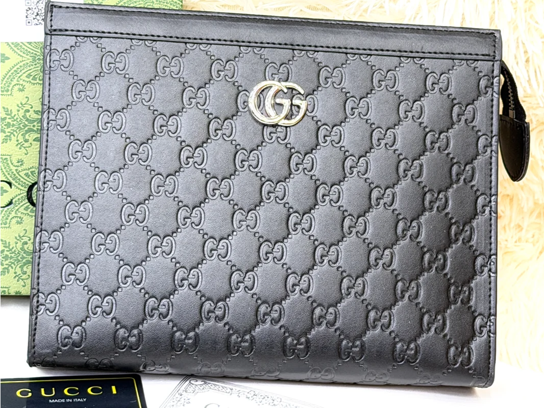 Gucci Black GG Monogram Double G Zip Pouch