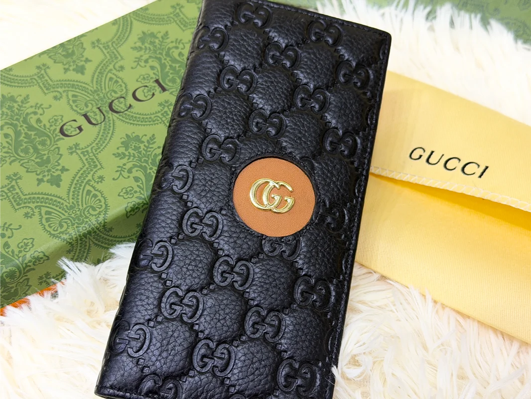 Gucci Black GG Monogram Long Wallet with GG Emblem
