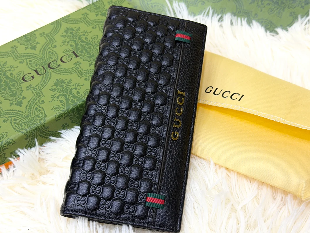 Gucci Black GG Monogram Long Wallet with Web Detail