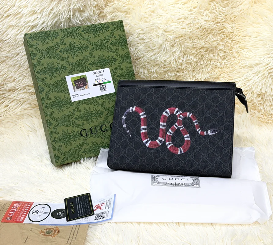 Gucci Black GG Monogram Snake Print Zip Pouch