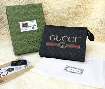 Gucci Black GG Monogram Web Stripe Zip Pouch