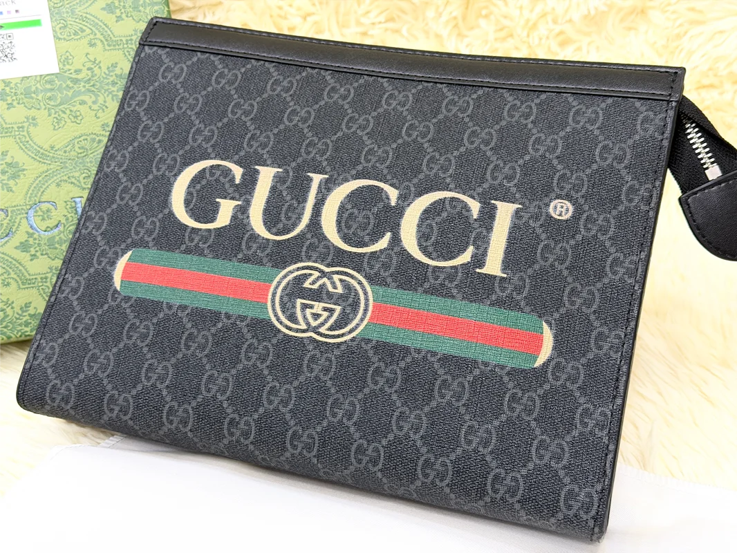 Gucci Black GG Monogram Web Stripe Zip Pouch