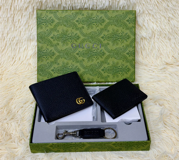 Gucci Black Grain Wallet Gift Set with Card Holder & Keychain