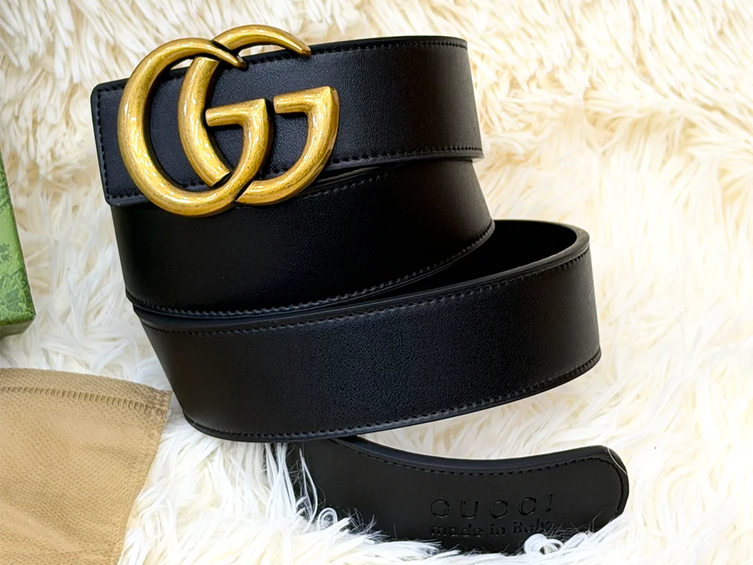 Gucci Double G Black Belt with Gold Buckle