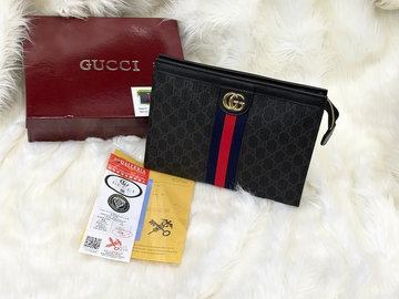 Gucci Premium Black GG Pattern Hand Carry Pouch with Web Stripe