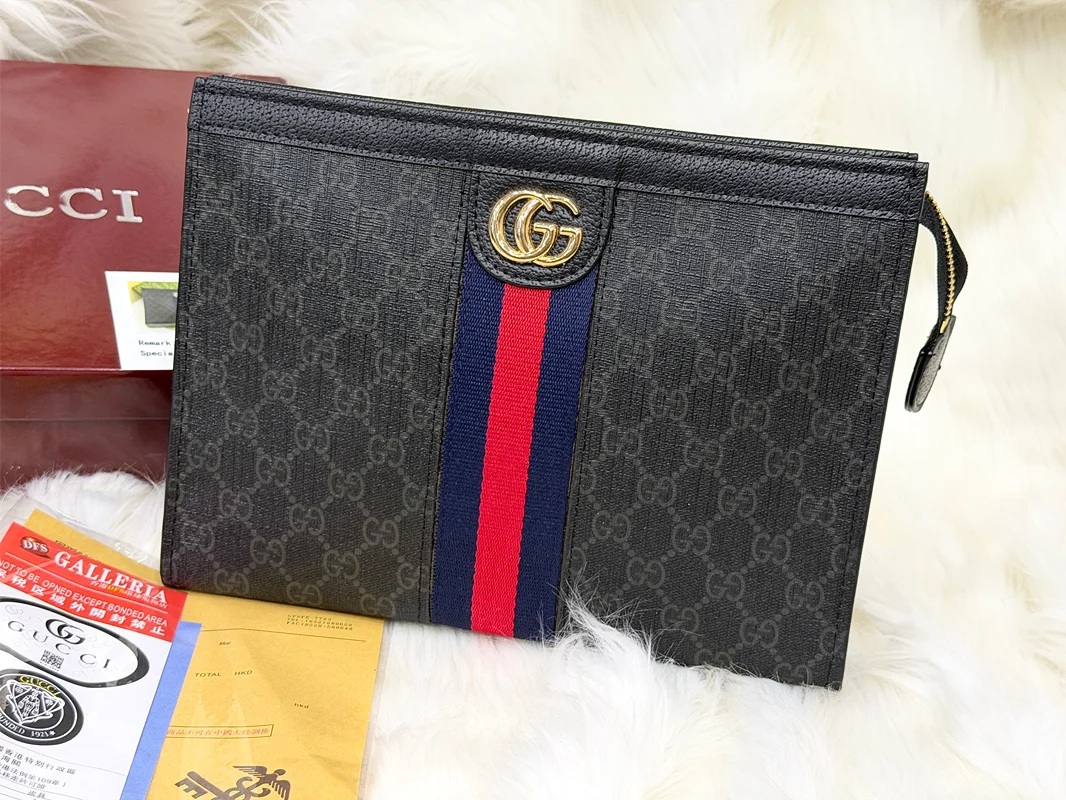 Gucci Premium Black GG Pattern Hand Carry Pouch with Web Stripe