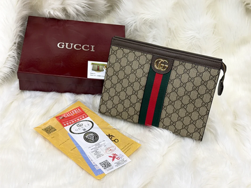 Gucci Premium GG Pattern Hand Carry Pouch with Web Stripe