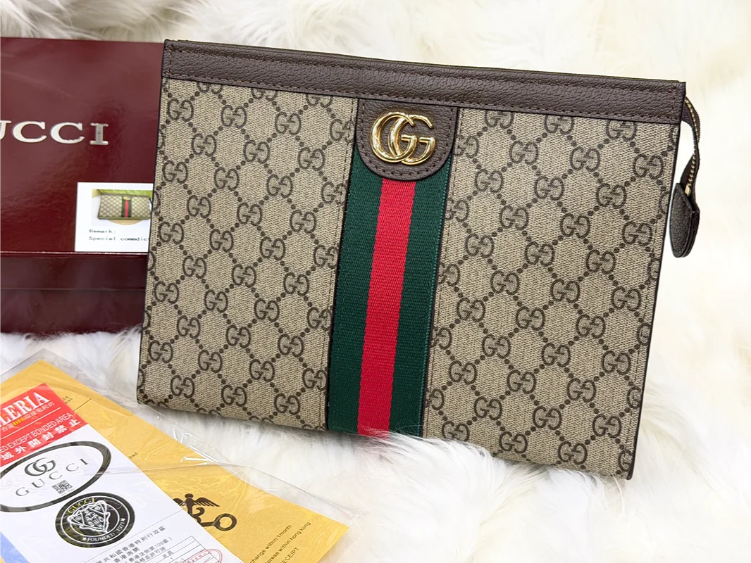 Gucci Premium GG Pattern Hand Carry Pouch with Web Stripe