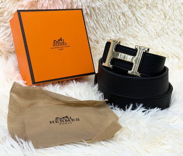 Hermes H Buckle Black Belt with Gold Buckle