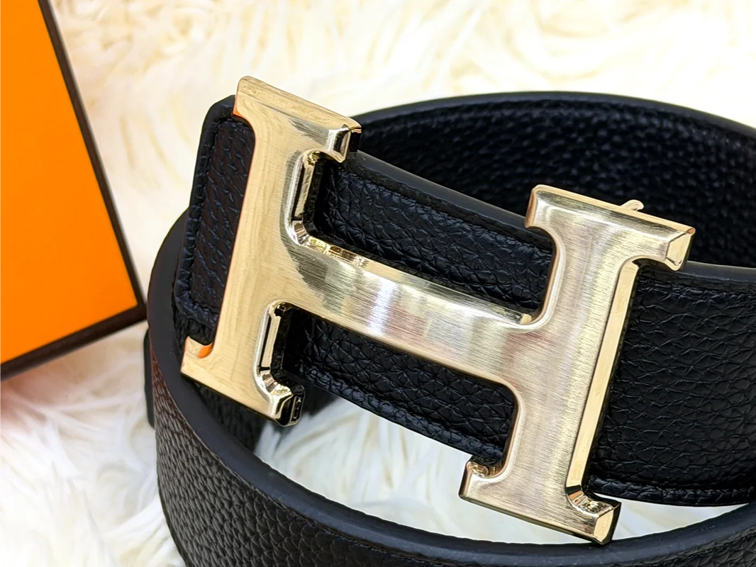 Hermes H Buckle Black Belt with Gold Buckle
