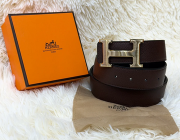 Hermes H Buckle Dark Brown Belt with Gold Buckle