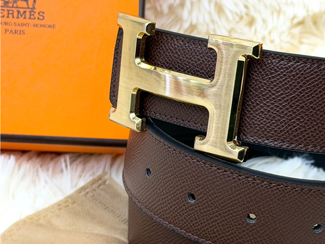 Hermes H Buckle Dark Brown Belt with Gold Buckle