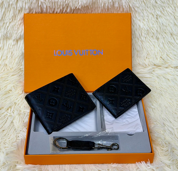 Louis Vuitton Black Embossed Monogram Wallet Gift Set with Card Holder & Keychain