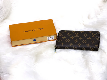 Monogram Pattern Brown Zip Around Long Wallet with Gold-Tone Hardware