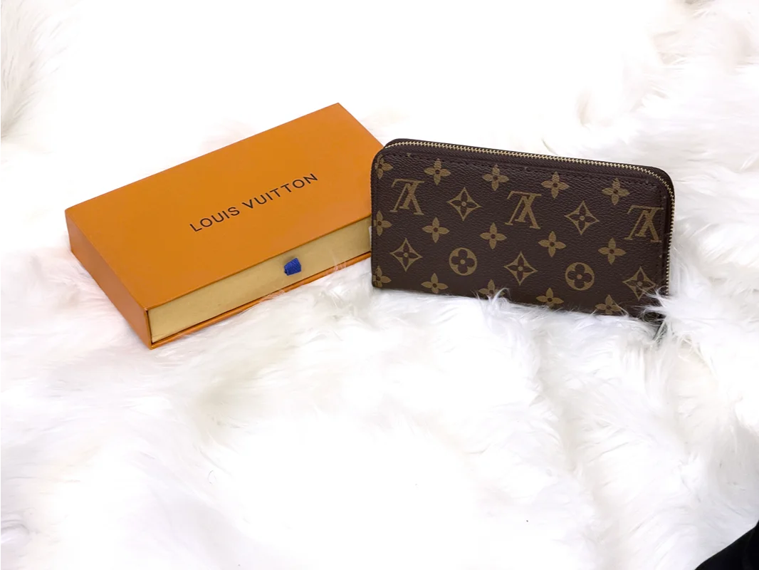 Monogram Pattern Brown Zip Around Long Wallet with Gold-Tone Hardware
