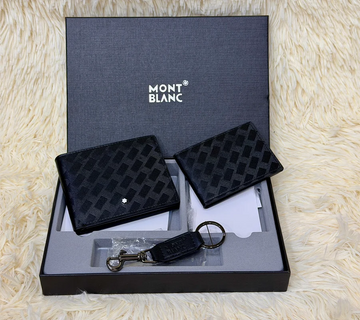 Montblanc Black Geometric Pattern Wallet Gift Set with Card Holder & Keychain