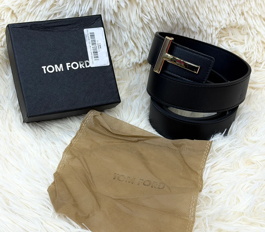 Tom Ford Black Belt with Gold T Buckle