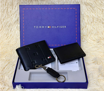Tommy Hilfiger Black TH Embossed Bifold Wallet Gift Set with Card Holder & Keychain