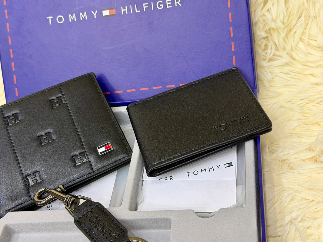 Tommy Hilfiger Black TH Embossed Bifold Wallet Gift Set with Card Holder & Keychain