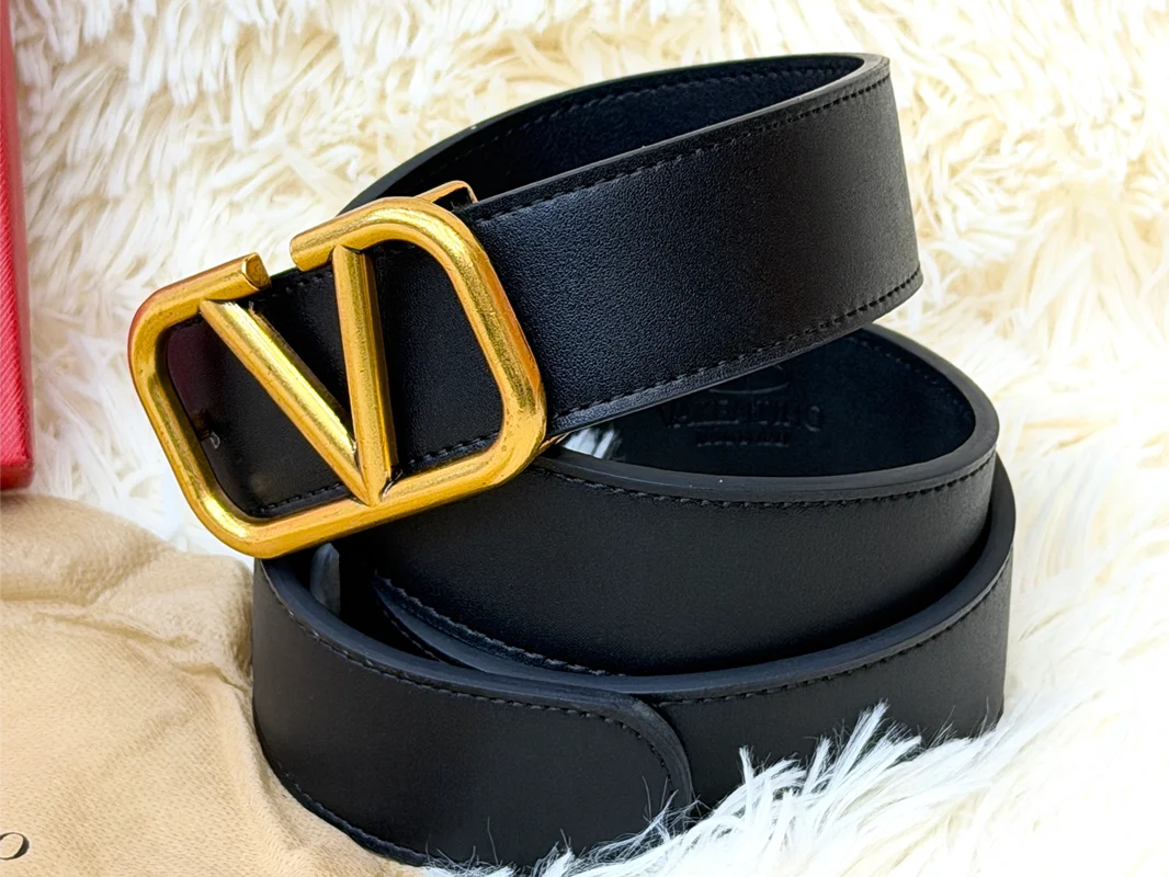 Valentino V Logo Black Belt with Gold Buckle