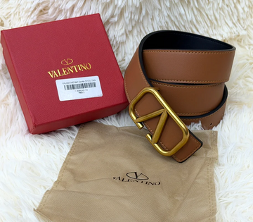 Valentino V Logo Tan Brown Belt with Gold Buckle