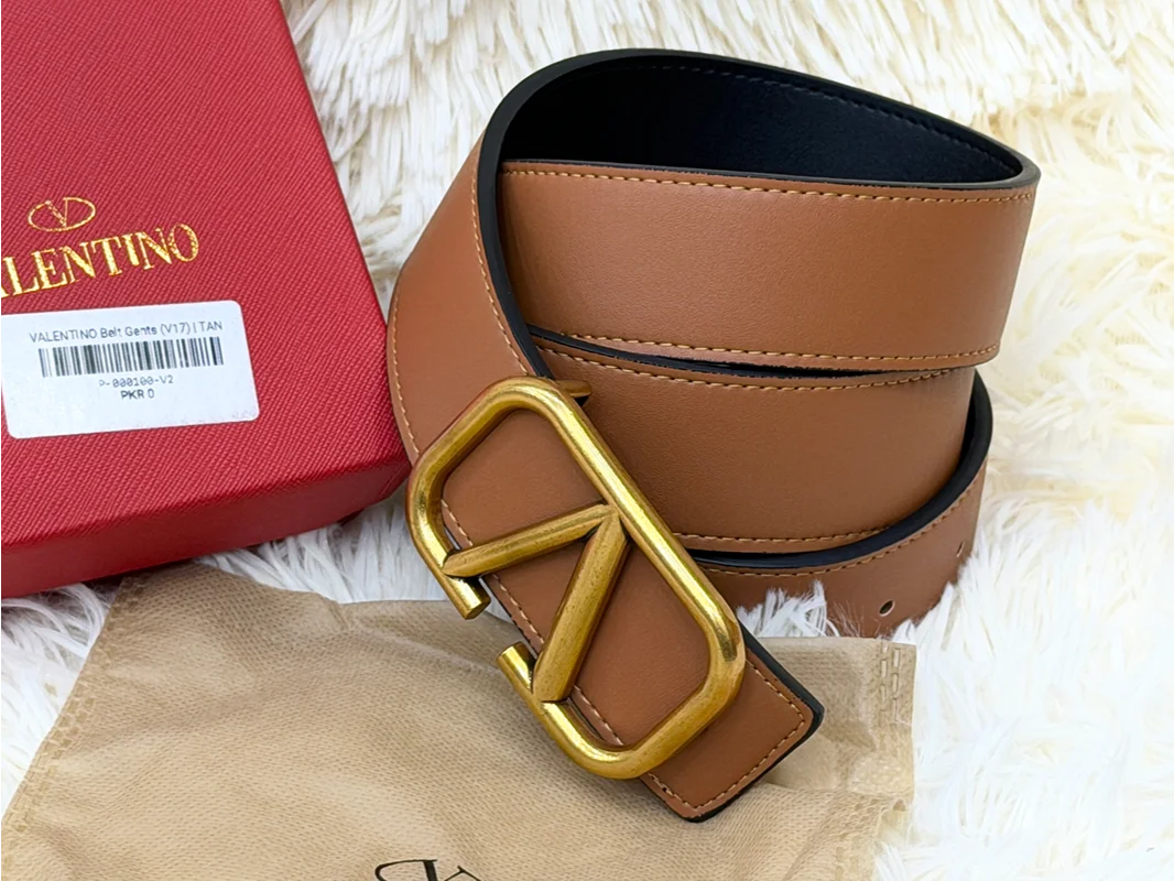 Valentino V Logo Tan Brown Belt with Gold Buckle
