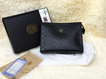Versace Black Embossed Greek Key Zip Pouch