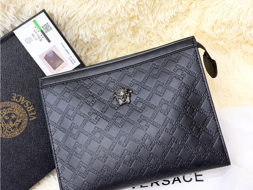 Versace Black Embossed Greek Key Zip Pouch